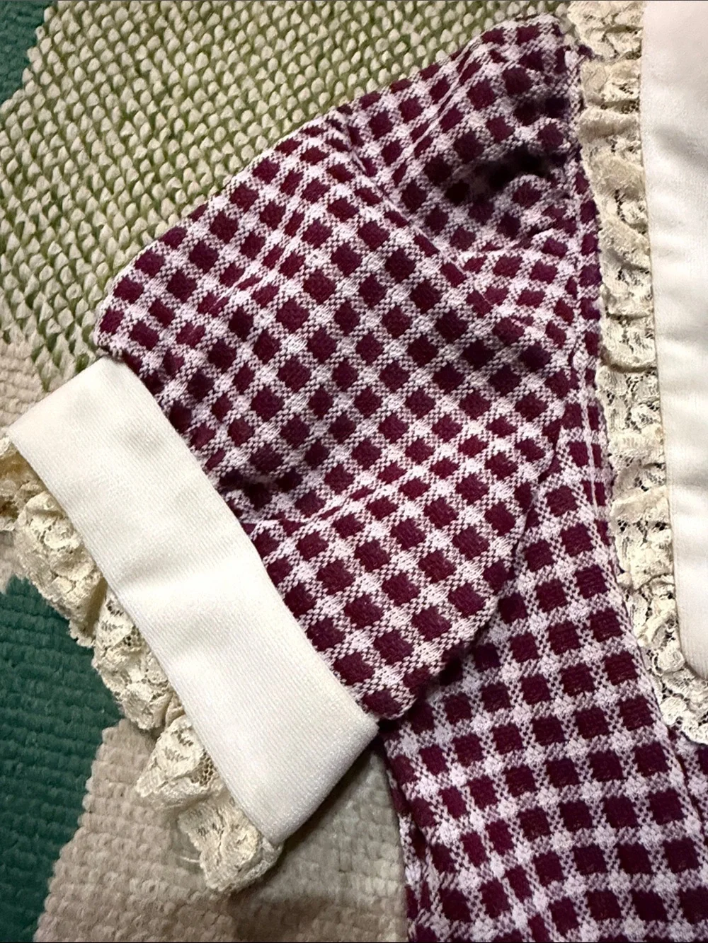 Vintage burgundy Check coord matching Set with Lace Collar small